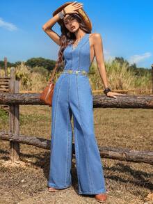 Breezaya Bộ jumpsuit denim nữ mùa hè dáng rộng, cổ chữ V, không tay, hở lưng. - Màu xanh lam - Xem 5