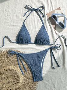 SHEIN Swim Conjunto de bikini de unicolor para vacaciones en la playa - Neblina azul - Ver 1