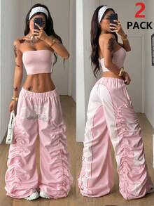 Coolane Conjunto de dos piezas de top tubo ajustado y pantalón ancho tipo jogger con estampado numérico, para mujer, de uso deportivo y casual de verano - Negro - Ver 1