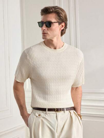 Officeau Camiseta de cuello redondo de manga corta de unicolor con textura de cable de punto para hombres ALTZTAR