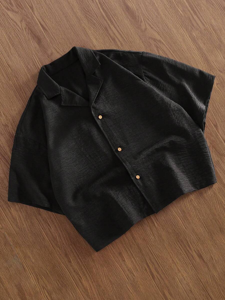 TOKVUE 男士休闲纯色前开襟短袖衬衫，夏季款 - 黑色 - 查看 1