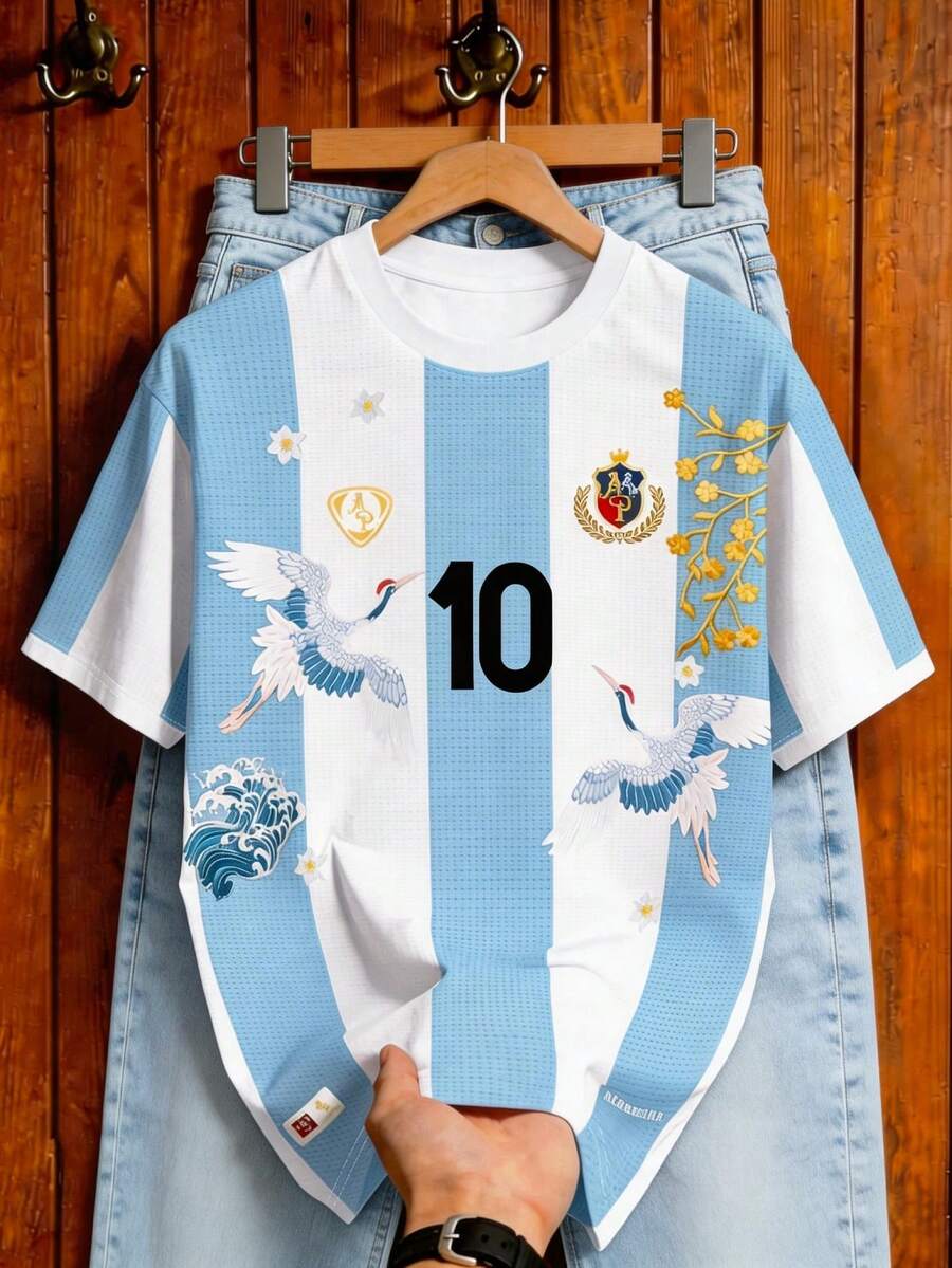 Aesthetic Post 复古阿根廷10号足球球衣，中国风仙鹤刺绣设计T恤，男士图案T恤，女士图案T恤，男士时尚运动夹克，男士足球/橄榄球T恤