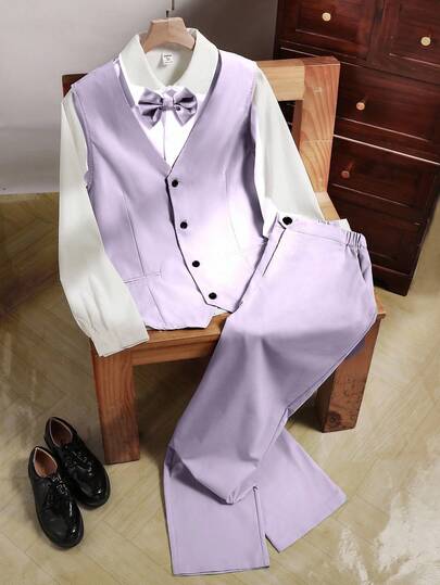 SHEIN 2pcs/Set Teen Boy Gentleman Outfit, Mint Green Slim Fit Vest + Textured Long Pants, Elegant Formal Suit For Birthday, Wedding, Graduation, Wedding Guest, Pageboy, Ring Bearer