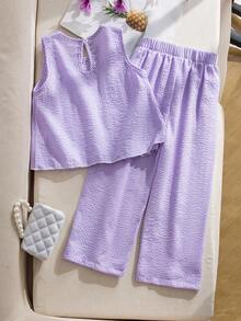 Elladie kids 女童简约时尚蓝白条纹蝴蝶结装饰褶皱无袖上衣搭配宽松直筒裤套装，活泼休闲的春夏装扮 - 淡紫色 - 查看 2