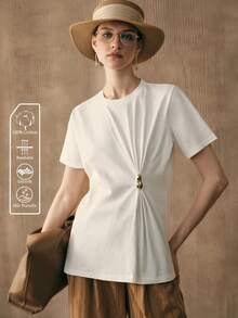 Arave 女士针织扭结金属扣圆领休闲简约短袖白色上衣 - 白色 - 查看 1