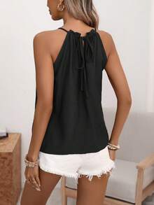 Wandoria 女士春夏优雅时尚奢华简约设计休闲波西米亚风度假/工作通勤复古风舒适纯色亚麻质感面料褶皱领口串珠装饰A字吊带系带吊带背心女士休闲穿搭上衣夏季可爱女士夏季穿搭夏季上衣 - 黑色 - 查看 2