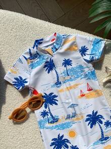 SHEIN Bubblio Baby Boy Minimalist Coconut Tree Pattern Casual Round Neck Short Sleeve Romper Swimsuit, Suitable For Summer, Spring/Summer Wear, Home, Outing, Beach - Multicolor - View 3
