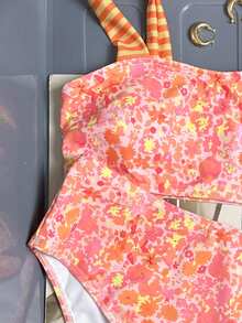Swim Vcay Bộ đồ bơi nữ gợi cảm kiểu yếm cổ yếm, họa tiết hoa hồng và sọc cam, thích hợp cho kỳ nghỉ biển. - Hồng - Xem 4