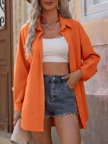 SHEIN Clasi 女士纯色落肩长袖单排扣休闲宽松衬衫 - 亮橙色 - 查看 3