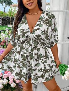 Flirla Plus Size Women Floral Print Drawstring Waist Batwing Sleeve Casual Jumpsuit - Dark Green - View 3