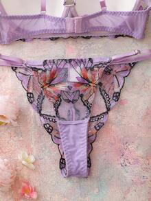 Elorette 2pcs Lavender Floral Embroidered Butterfly Pattern Balconette Bra Set, High Support, Lift & Cleavage, Comfortable Push-Up - Lilac Purple - View 5
