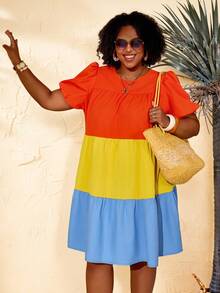 BrightlyHer Robe courte casual à manches bouffantes et blocs de couleurs pour femmes grandes tailles, printemps - Multicolore - Voir 6
