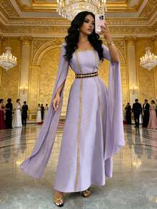 Rafferiza 女士优雅金色编织腰带奢华亮片串珠开衩长袖派对连衣裙，秋季时尚 - 淡紫色 - 查看 4