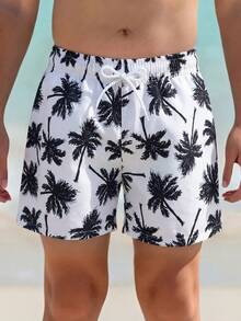 SHEIN Quần bơi trẻ em trai mùa hè, in hình cây dừa, cạp chun, có dây rút. - Đen và trắng - Xem 1