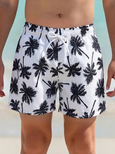 SHEIN 男童夏季沙滩椰树印花抽绳腰泳裤