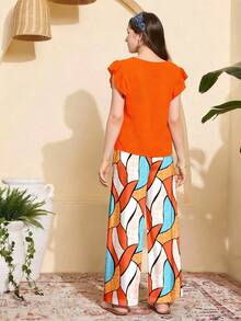 SHEIN Sparklyn Teen Girls Energetic Orange Summer Beach Vacation Holiday Set,V-Neck Cap Sleeve Top And Artistic Geometric Wide Leg Pants - Multicolor - View 2