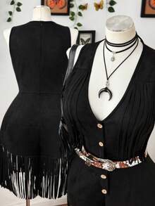 Sunspun Bộ jumpsuit cỡ lớn chất liệu giả da lộn, màu trơn, phong cách Bohemian, không tay, cổ chữ V, eo rút dây, viền tua rua dành cho nữ, quần áo nữ, trang phục miền Tây cho nữ, trang phục đi nghỉ mát cho nữ, quần áo phong cách rock cho nữ, quần áo nữ cá tính, trang phục miền Tây cho nữ, bộ romper tua rua cho nữ, bộ jumpsuit đen cho nữ. - màu đen - Xem 1