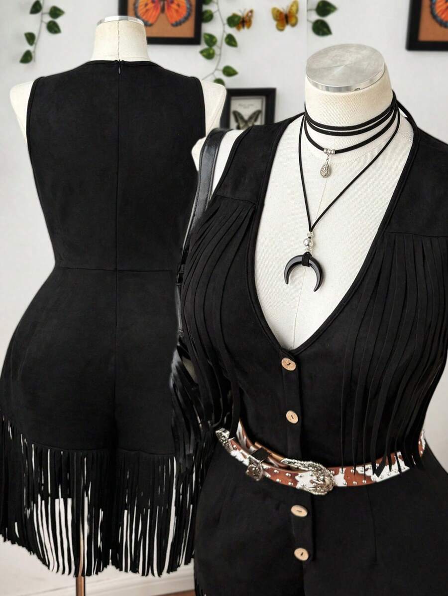 Sunspun Bộ jumpsuit cỡ lớn chất liệu giả da lộn, màu trơn, phong cách Bohemian, không tay, cổ chữ V, eo rút dây, viền tua rua dành cho nữ, quần áo nữ, trang phục miền Tây cho nữ, trang phục đi nghỉ mát cho nữ, quần áo phong cách rock cho nữ, quần áo nữ cá tính, trang phục miền Tây cho nữ, bộ romper tua rua cho nữ, bộ jumpsuit đen cho nữ. - màu đen - Xem 1