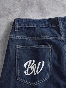 Manfinity ZONE917 Men's Casual Everyday Letter Print Loose Wide-Leg Jeans - Medium Wash - View 4