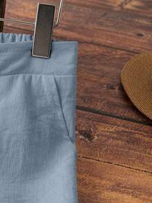 SHEIN PETITE Women's Elegant Vacation Casual Linen-Like Pants - Dusty Blue - View 4