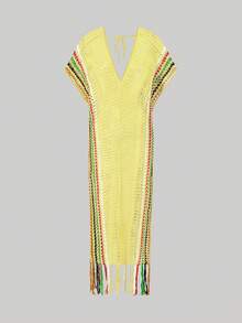 BamGleam Halter Neck Knit See-Through Dress Maxi Women Outfit - Light Yellow - View 6