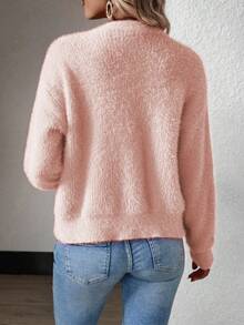 EMERY ROSE 女士纯色长袖单排扣貂皮短款开衫 - 粉色 - 查看 2