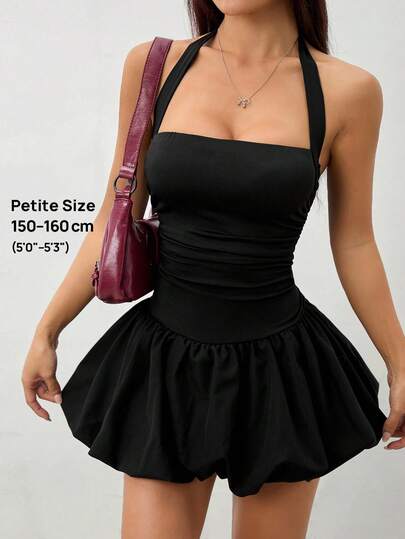 SHEIN PETITE 女士系带露背纯色简约休闲迷你泡泡裙