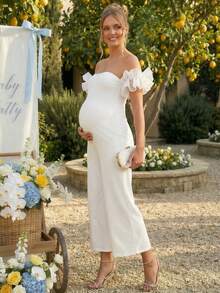 Loomaby Maternity Solid Color Off-Shoulder Casual Jumpsuit For Vacation & Daily Wear,Gender Reveal Dress,Maternity Dress, Baby Shower Dress For Party,Party Outfit,Wedding Guest Dress For Women,, Wedding Guest Dress - White - View 13