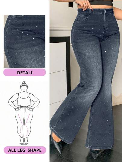 Dazy Plus Washed Black & Distressed Elastic Fitted Sequin Decor Flare Leg Jeans