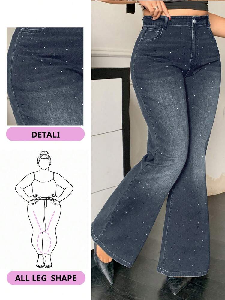 Dazy Plus Washed Black & Distressed Elastic Fitted Sequin Decor Flare Leg Jeans