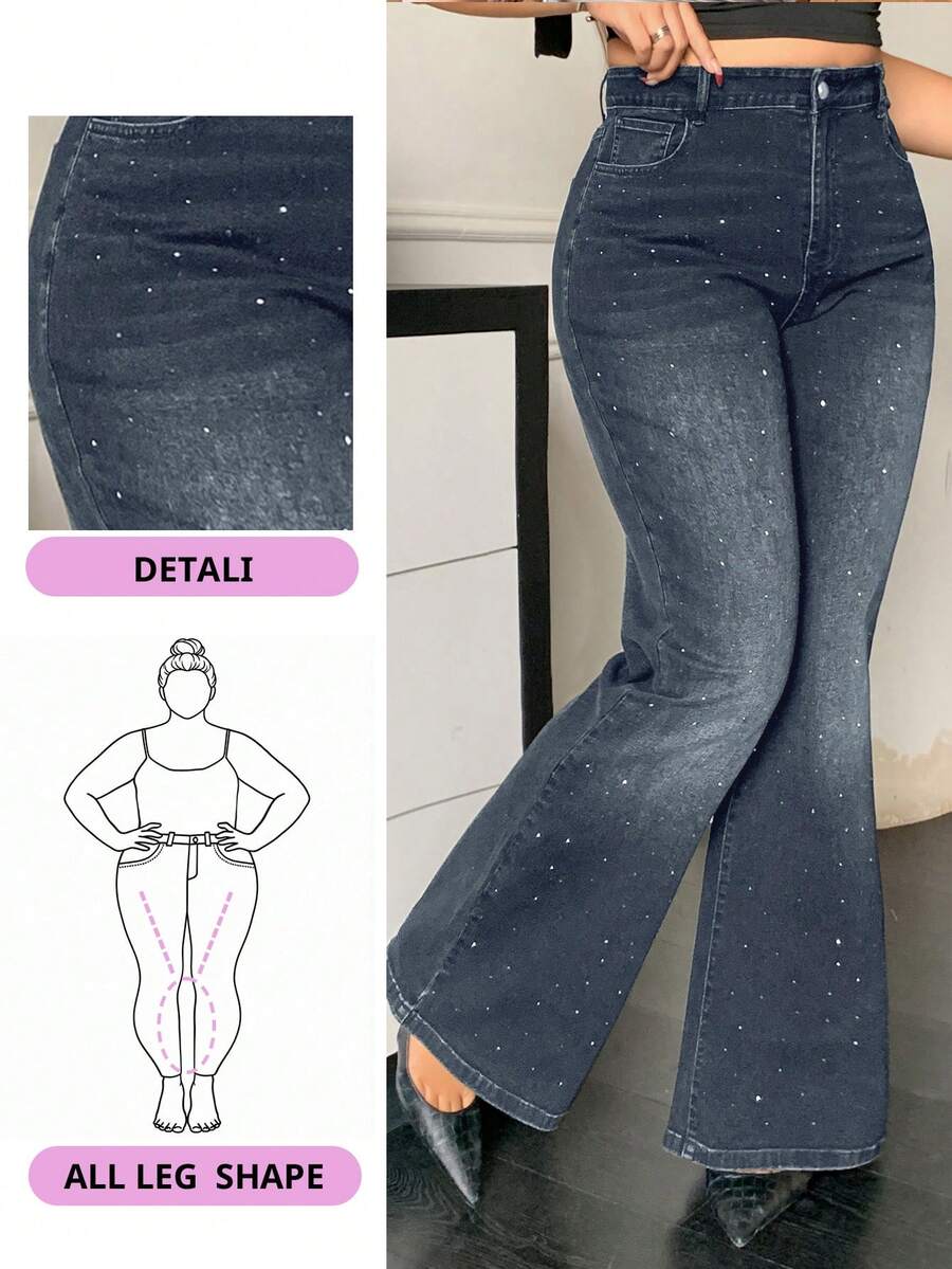 Dazy Plus Washed Black & Distressed Elastic Fitted Sequin Decor Flare Leg Jeans - Medium Wash - View 1