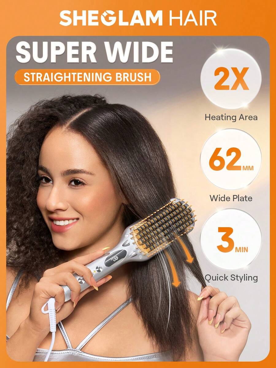 SHEGLAM HAIR 銀黃色時尚三柄直髮梳，62毫米，負離子直髮梳，3分鐘快速造型，5檔溫度設置，60秒快速加熱，60分鐘自動斷電，防燙梳齒，數碼管顯示屏，陶瓷塗層加熱元件，釋放4000萬負離子，減少損傷，增加光澤，100-240VVVV，方便旅行 - 適合日常插頭使用 生日 禮物 假期 粉紅色的 氛圍 化妝品 旅行 學校 節慶 玫瑰 展示 女孩 魅力 護髮 母親節 想要 時尚 銳舞派對 - 銀色 - 查看 1