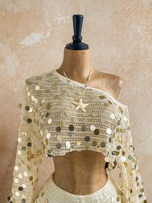 Soleia Bộ đồ 2 món dành cho nữ, áo croptop và quần short đính sequin, thích hợp đi biển. - trắng - Xem 4