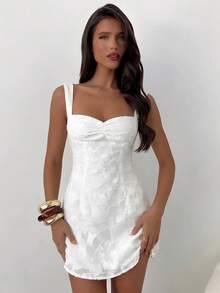 Aloruh 女士碎花针织连衣裙，婚礼宾客连衣裙，节日连衣裙，毕业典礼连衣裙，约会派对连衣裙，纯色白色露背迷你伞裙，修身连衣裙，短款连衣裙，派对连衣裙，女士毕业典礼连衣裙，教师套装，教师半身裙 - 白色 - 查看 10