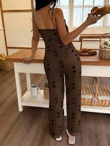SHEIN Women's Heart Print Knit Camisole And Lounge Pants PJS, Comfortable Casual Sleepwear Choco Brown Dress For Women PJS Women Summer Lounge Sets - Brown - View 3