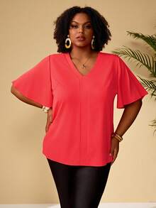 EMERY ROSE Chemise ample décontractée à col V et manches courtes, couleur unie, pour femmes grandes tailles. Idéale pour l'été, le printemps, les vacances et la plage - Rose orangé - Voir 4