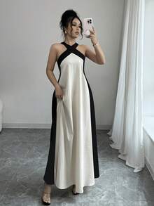 xheRafferiza Vestido de estilo bohemio sin espalda con lazo en el cuello y falda maxi de color contrastante, adecuado para vacaciones de veranoxhe - Albaricoque - Ver 4