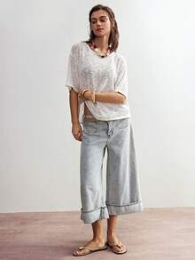 Bohemela Áo thun nữ dệt kim cổ tròn tay ngắn dáng rộng, màu trơn, kiểu dáng thường ngày - trắng - Xem 7
