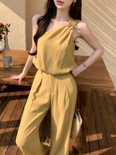 DAZY 女士休闲纯色无袖上衣和裤子两件套，夏季