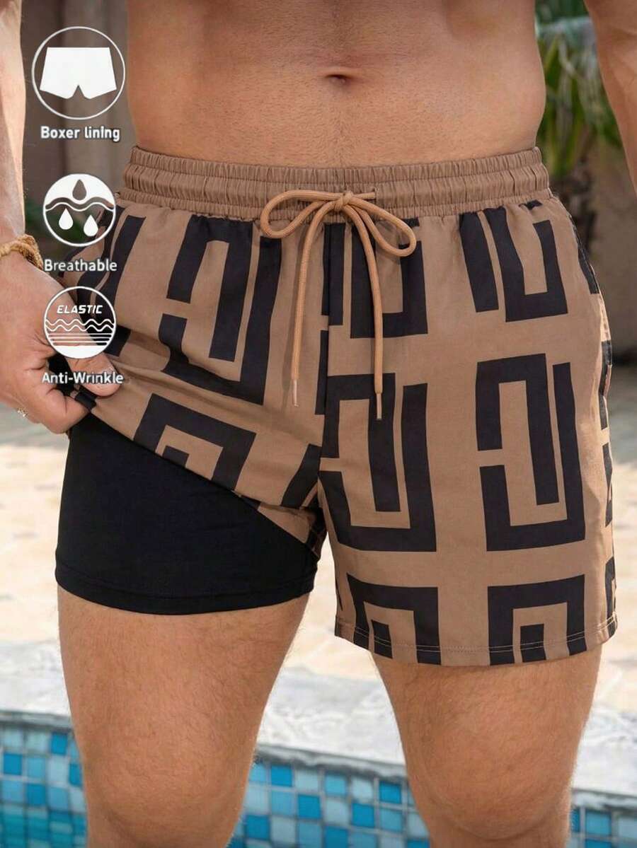 ZELFYO Men's Geometric Print Drawstring Waist Double-Layer Beach Shorts Men Brown Swim Trunks Tan Swim Trunks Men Shorts Graphic Mens Statement Print Shorts Fashion Designer Mens Swim Trunk Funny - Coffee Brown - View 1