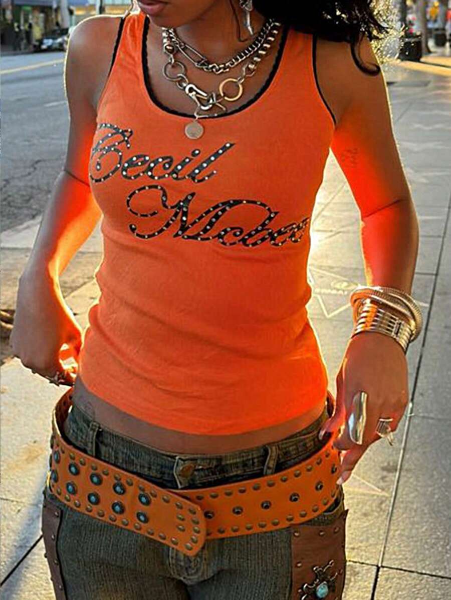 Women's Casual Letter Print Tank Top, Summer - Orange - View 1
