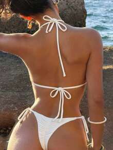 Swim Mod Women's Jacquard Fabric Halter Bikini Set With Metal Decor, Spring/Summer - Apricot - View 2