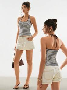 Poéselle 女士条纹吊带针织背心，Y2K 无袖休闲夏季吊带衫，弹力外出上衣，女士休闲条纹吊带背心，法式风格上衣，2026 新款条纹上衣，女士条纹背心，夏季条纹上衣，沙滩上衣，吊带背心，女士背心，夏季上衣，女士沙滩装，女士夏季装，女士沙滩装 - 藍色 - 查看 2