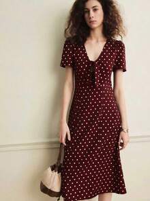 Écloséra Vestido de mujer de estilo japonés con estampado de lunares dulces y manga corta - Burdeos - Ver 1