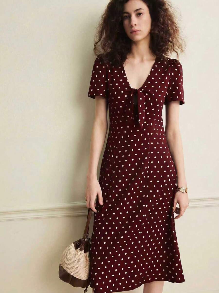 Écloséra Vestido de mujer de estilo japonés con estampado de lunares dulces y manga corta - Burdeos - Ver 1