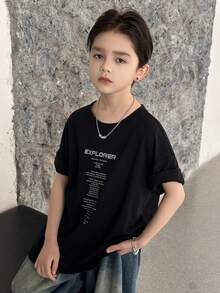 DAZY Tween Boy Round Neck Slogan Print Casual Versatile Daily Wear Short Sleeve T-Shirt Summer - Black - View 4