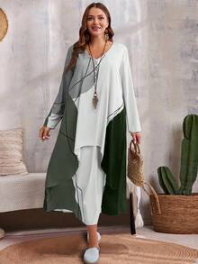 EMERY ROSE Plus Size Casual Contrast Color Block Faux 2-In-1 Dress Fall Clothes - Olive Green - View 5