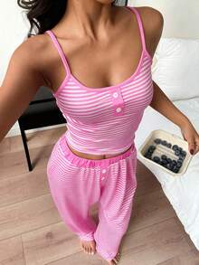ZzzCrew Conjunto de blusa de alças e calça de malha justa com estampa listrada e botões decorativos para o verão, estilo sexy. - Rosa - Ver 2