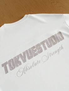 TOKVUE 男士休闲落肩圆领印花短袖T恤，夏季百搭 - 白色 - 查看 7
