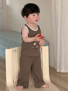 DAZY 2件組男嬰卡通印花圓領背心與長褲睡衣套裝 夏季幼兒 - 咖啡棕 - 查看 5